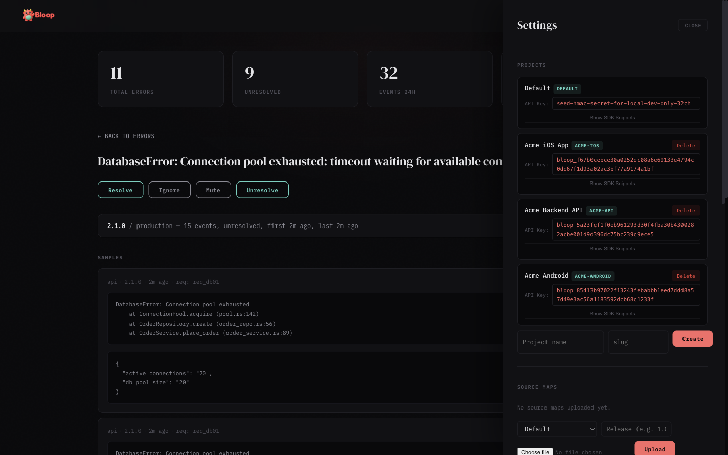 Settings panel showing projects, alerts, and admin controls